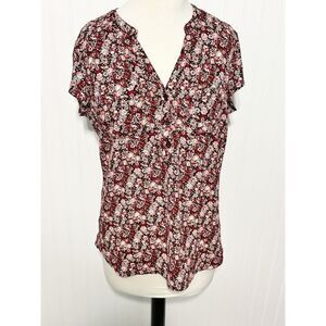 Soho New York & Company Women's Floral‎ Split V-neck 3-Button Blouse Red Medium